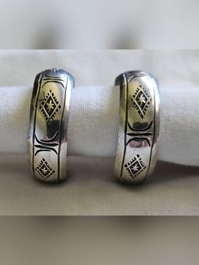 Vintage Signed Sterling Silver Engraved Hoop Earrings Southwestern Native Style